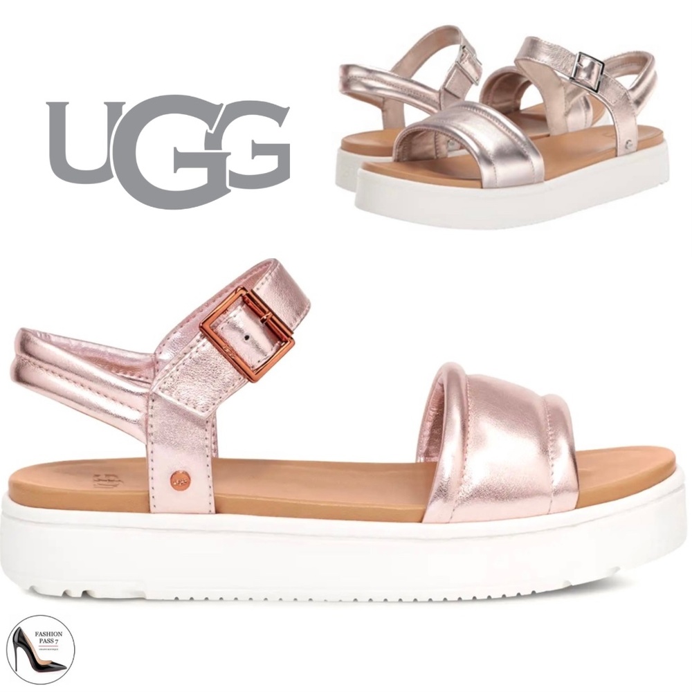Ugg Zayne Bronze Metalic Leather Open Toe White Platform Ankle strap Sandals 8